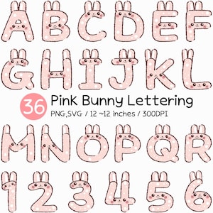 Pink Bunny Schriftzug | Süßes Kaninchen Alphabet Zahlen Clipart Pastell Ohren Handgezeichnete Buchstaben PNG SVG EPS Ostern Kawaii Typografie Dekorativ
