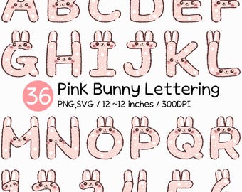 Pink Bunny Lettering | Cute Rabbit Alphabet Numbers Clipart Pastel Ears Hand Drawn Letters PNG SVG EPS Easter Kawaii Typography Decorative