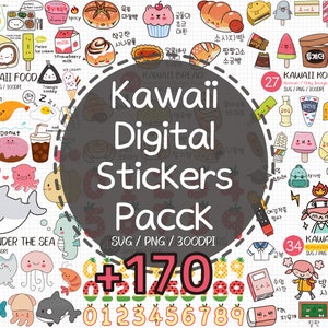 May include: A collection of colorful digital stickers with a kawaii theme. The image features various food items, desserts, and sea creatures, along with the text "Kawaii Digital Stickers Pacck" and the number "+170".