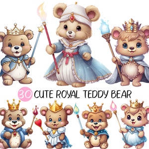 Joli ours en peluche royal PNG | robe cape baguette couronne diadème bijoux collier princesse prince roi reine majestueux assis