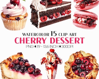 Cherry Dessert | Watercolor Fruit Summer cake pastry bakery sweet cherry pie cupcake macaron pudding Clip Art PNG
