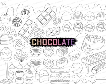 Chocolate Coloring Page | SVG PNG For Kid Adult Dessert Valentine&#39;s Day Black Silhouette Outline Sweets Clipart Bomb Melted Dripping Heart