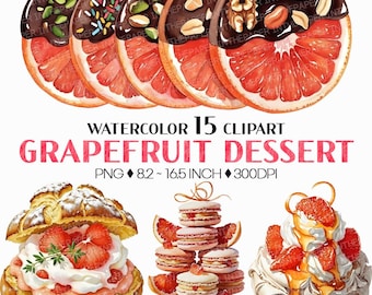 Red Grapefruit Desserts PNG | Watercolor Clipart Ade Drink Cheesecake Tart Jelly Pavlova Donut Mille Feuille Macaron Ice Cream Chocolate