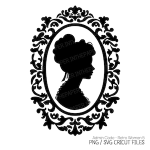 Retro Elegant Woman Black Silhouette SVG | 70's 80's 90's Vibes Vintage PNG Circle Border Perm Girl Nostalgic Stylish Beauty Art Design