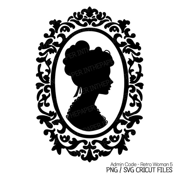 Retro Elegant Woman Black Silhouette SVG | 70's 80's 90's Vibes Vintage PNG Circle Border Perm Girl Nostalgic Stylish Beauty Art Design