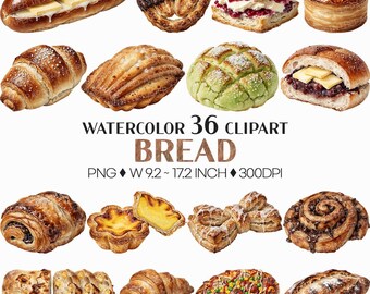 Bread PNG | Watercolor Clip art Bakery Food Illustration Croissant Bagel Baguette Salted Butter Ciabatta Scone Pastry Mont Blanc Tart Cafe