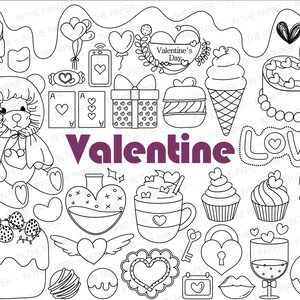 May include: Black and white line art illustrations of Valentine's Day themed objects, including a teddy bear, cupcakes, hearts, a lock and key, a wine glass, a cake, a bottle of potion, a coffee mug, and the words "Valentine" and "Love".
