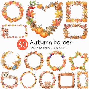 Puede incluir: Una colección de 30 bordes otoñales en acuarela, cada uno con calabazas, hojas, ardillas, espantapájaros y otros elementos de otoño. Los bordes están diseñados a 30.48 cm y 300 DPI, perfectos para manualidades de temporada.