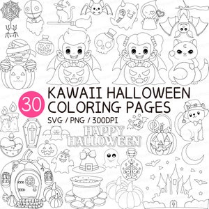 Kawaii Halloween Coloring Page | Cute PNG SVG Dracula Witch Hat Pumpkin Jack O Lantern Cat Ghost Devil Candle Coffin Haunted Castle Zombie