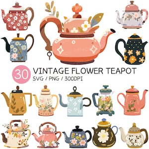 Peut inclure: Ensemble de 30 illustrations de théières vintage à fleurs dans différentes couleurs et motifs. Les théières sont en format SVG et PNG, 300 DPI.