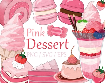 Pink Dessert PNG | Cute Sweet Clipart Strawberry Shortcake Parfait Ice Cream Roll Cake Candy Macaron Cherry Pudding Treats Kawaii Food Art