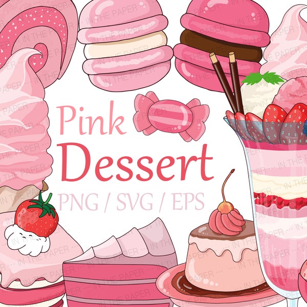 Pink Dessert PNG | Ice cream, soft corn, parfait, piece of cake, roll cake, macaron, strawberry, candy, sweets, snack, cute, kawaii, sticker