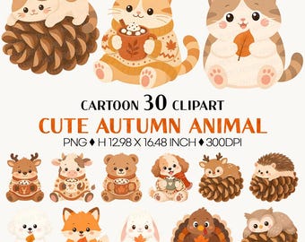 Cute autumn animal | fall clipart woodland fox deer hedgehog squirrel owl pinecone cocoa Hot Chocolate cartoon