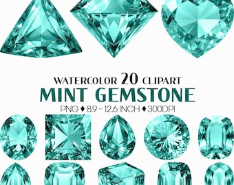 Mint Gemstone | Watercolor Clip Art PNG amethyst Asscher Emerald Oval Pear Round Princess Heart Triangle Brilliant Cut Jewel Crystal