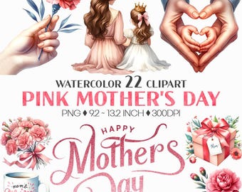 Pink Mother's Day | Watercolor Mother Daughter Carnations Flower Clipart Bundle (22 PNG Files)