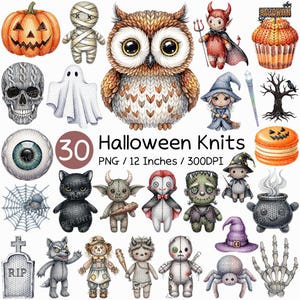 May include: A collection of 30 Halloween-themed knit designs. The image features a variety of characters and objects, including a pumpkin, owl, mummy, devil, witch, and spider. The text "Halloween Knits" is displayed.