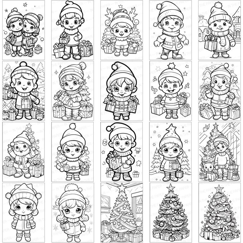 May include: A black and white coloring page featuring 16 different illustrations of children celebrating Christmas. The illustrations include children holding gifts, standing near Christmas trees, and wearing Santa hats.