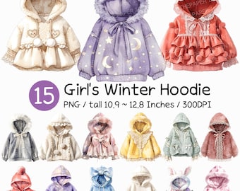 Felpa invernale da bambina / clipart acquerello carino pastello felpa con cappuccio cappotto nastro pizzo pelliccia kawaii vestito abbigliamento bambino moda isolato png set