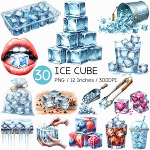 May include: A set of 30 watercolor illustrations of ice cubes in various settings. The illustrations include ice cubes in a glass, a bucket, a bag, and a variety of other creative arrangements. The illustrations are perfect for adding a touch of wintery charm to your designs.