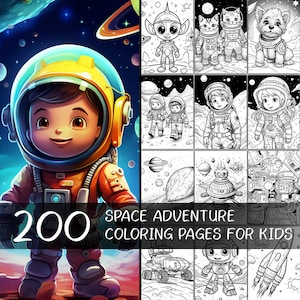 Puede incluir: Una colección de 200 páginas para colorear de aventuras espaciales para niños. La portada presenta un astronauta de dibujos animados con un casco amarillo y un traje espacial rojo y naranja. El astronauta está de pie en un planeta rojo y naranja con estrellas en el fondo.