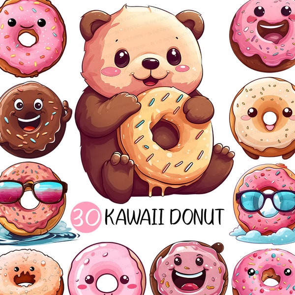 Kawaii Donut Clip art | Doughnut Dessert PNG Chocolate Teddy Bear Sunglasses Cute Pink Munchkin Bumpy Sweets treats Vanilla Glaze Decoration