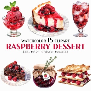 Pode incluir: Ilustração em aquarela de várias sobremesas de framboesa, incluindo sorvete, cheesecake, bolo de chocolate, geleia e pastelaria em camadas. A imagem inclui o texto "WATERCOLOR 15 CLIPART RASPBERRY DESSERT PNG 13.2 ~ 32.5 cm 300DPI".