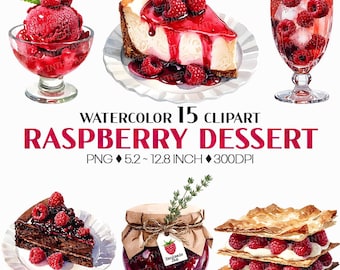 Raspberry Dessert | Watercolor cheesecake pound cake macaron jam meringue pie tart galette pastry sorbet cupcake mille feuille Clip Art PNG