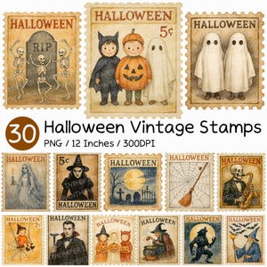 May include: A collection of 30 vintage Halloween stamps. The stamps feature various spooky illustrations, including skeletons, ghosts, and children in costumes. The stamps are rectangular with a decorative border and the word "Halloween" at the top.