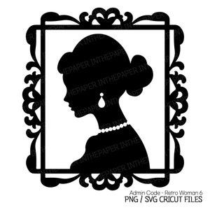 Mujer con elegante marco cuadrado y moño silueta negra SVG / Collar de perlas Pendientes PNG Arte lineal Vintage Retro Retrato femenino
