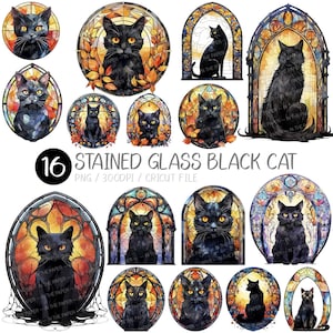 Pode incluir: Uma coleção de 16 designs de gatos pretos em vitrais. Cada design apresenta um gato preto em várias poses, emoldurado por padrões de vitrais coloridos. O texto "STAINED GLASS BLACK CAT" é visível.