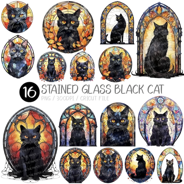 Stained glass black cat PNG | Halloween, glass art, mosaic, fallen leaves, flowers, autumn, round frame, arched, rainbow, Deco, Kitty