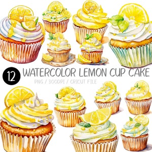 Aquarell Zitronen Cupcake PNG | Zitrus Dessert Clipart Schlagsahne Limettenscheibe Kraut Dekoration Bäckerei Gebäck Süßigkeit Illustration