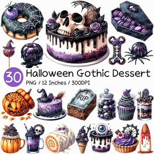May include: A collection of 30 Halloween Gothic desserts, including a skull cake, donuts, cupcakes, and cookies. The desserts are decorated with spiderwebs, skulls, and purple accents. The image includes the text "Halloween Gothic Dessert" and "12 Inches / 300DPI".