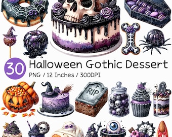Sobremesa gótica de Halloween | Bolo de aquarela, cupcake, torta, sorvete, rosquinha, biscoito, doce, osso, caveira, abóbora, aranha, assustador, assustador, doce, arte PNG