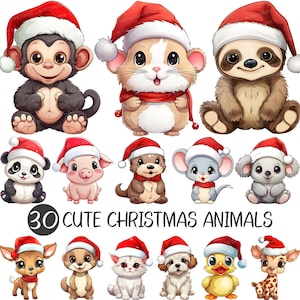 Süße Weihnachtstiere PNG | Weihnachtsmütze Clipart entzückender Elefant Hamster Reh Katze Welpe Panda Kaninchen Otter Schildkröte Ratte Affe Koala Papagei
