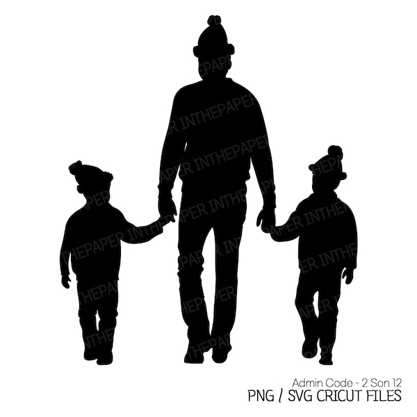 Dad Walking Hand In Hand With His Two Sons | Father Day PNG Silhouette SVG Christmas Santa Fur Hat Boy Line Art Children Kid brother sibling