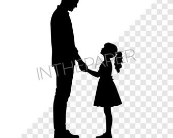 Father and daughter facing each other | Silhouette Clipart SVG EPS PNG Dad Girl Family Child Parent Love Connection Hand Holding Vector