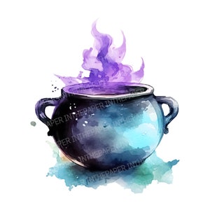 May include: Watercolor illustration of a black cauldron with purple vapor rising from it. The cauldron has two handles and is set against a white background with blue and green watercolor splashes. The image has the text "PAPER IN THE PAPER IN THE" in the image.