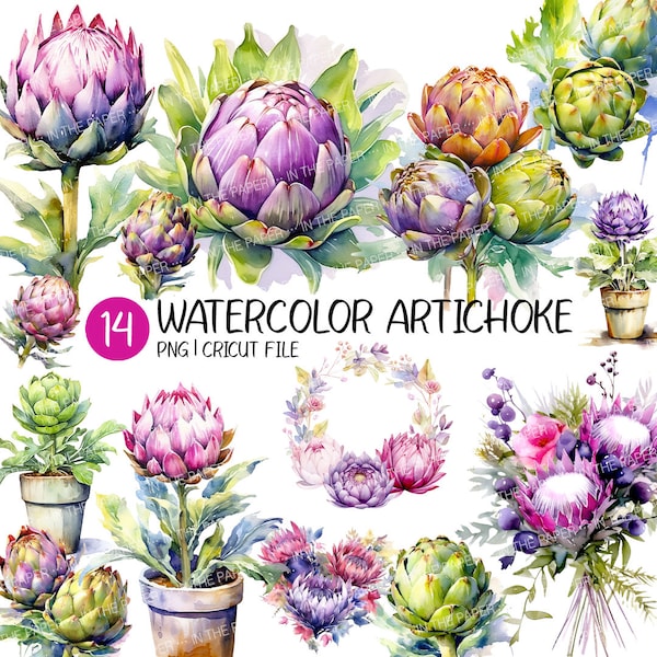 Watercolor Artichoke | Art, Plant, Print, Clipart, Decor, Bouquet, Wreath, Heart, Circular Wreath, Flower, PNG, Design, Cricut, Sublimation