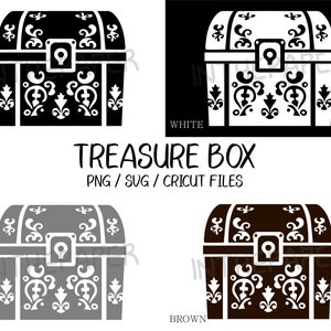 Puede incluir: Cuatro variaciones de color diferentes de un diseño de cofre del tesoro. El cofre es negro, blanco, gris y marrón. El cofre tiene un diseño decorativo con un patrón floral. El texto "TREASURE BOX" está escrito en letras negras sobre fondo blanco. El texto "PNG/SVG/CRICUT FILES" está escrito en letras negras sobre fondo blanco.