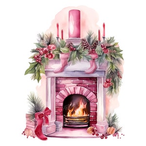 Cozy Pink Brick Fireplace Christmas Decorations PNG | Watercolor clip art warm cozy festive ornaments fireplace candle socks gift box ribbon