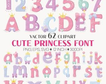 Princess Font | Alphabet Letter Number Cute Pink Purple SVG EPS PNG Tiara Crown Magic Wand Lace Ribbon Heart Sparkle Girl Name Sign Banner