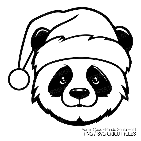 Cute Panda in Santa Hat SVG | Christmas PNG Black Line Silhouette Clip Art Lover Adorable Decorations Illustration Design