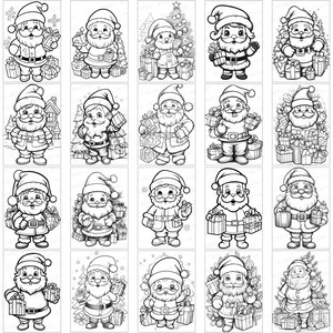 May include: A set of 20 black and white illustrations of Santa Claus holding gifts. Each illustration features Santa Claus in a different pose, with different expressions and holding different gifts. The illustrations are perfect for coloring pages, greeting cards, or other creative projects.