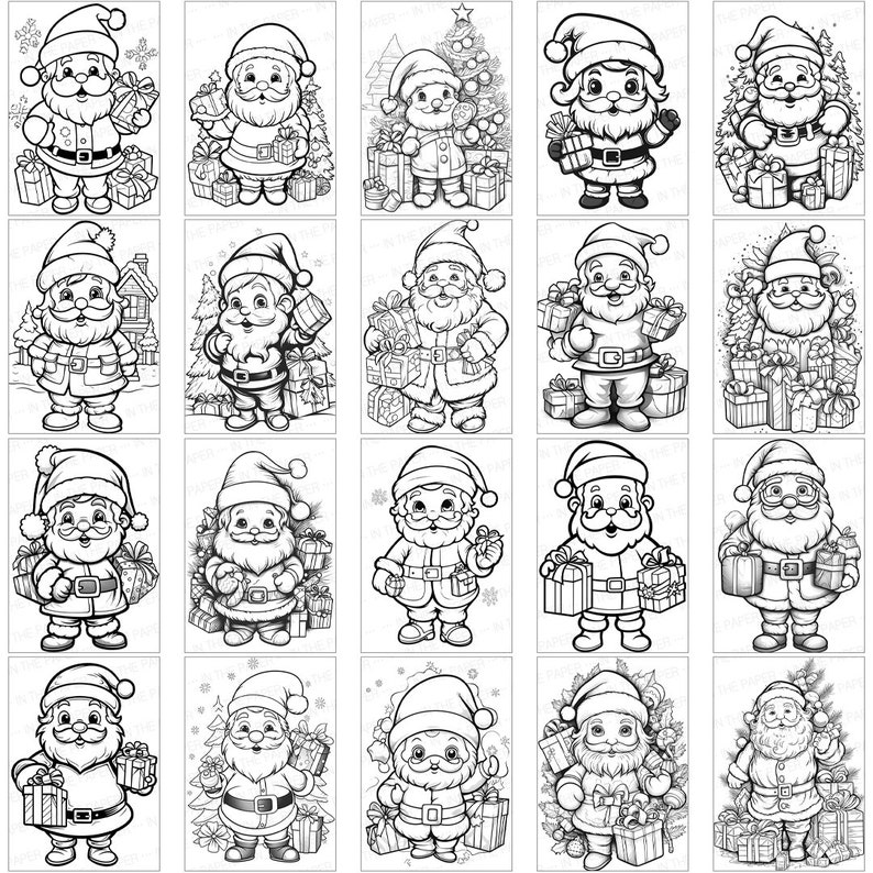 May include: A set of 20 black and white illustrations of Santa Claus holding gifts. Each illustration features Santa Claus in a different pose, with different expressions and holding different gifts. The illustrations are perfect for coloring pages, greeting cards, or other creative projects.