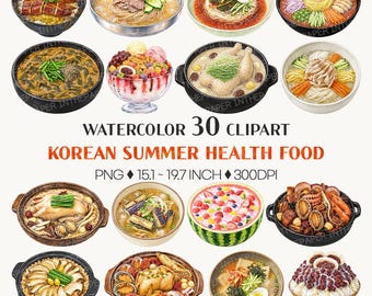 Korean Summer Health Food | Watercolor Cuisine Clipart PNG Samgyetang Naengmyeon Bibimbap Patbingsu Traditional Kimchi Asian Recipe Graphic