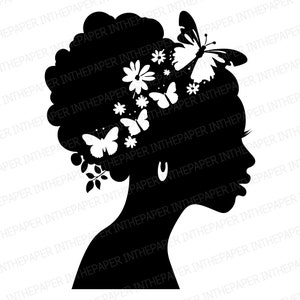 Elegant Black Woman Silhouette with Floral Hairband SVG | Silhouette PNG hair bun flower butterflie leave feminine beauty eyelashe earring