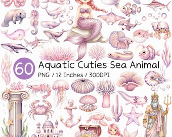 Aquatic Cuties Sea Animal | Watercolor Mermaid Seahorse Urchin Shell Starfish Jellyfish Octopus Seal Dolphin Shark Whale Penguin Summer PNG