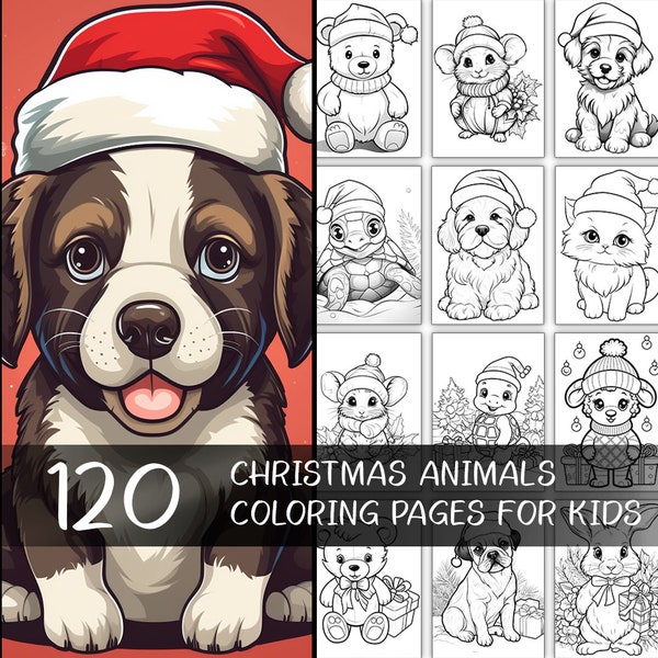 120 Christmas Animal Coloring Page for Kid | Book Baby Cute Santa hat Puppy Kitten Dinosaur Rabbit Raindeer Penguin Sheep Turtle Cat Dog Rat
