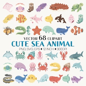 May include: A collection of 68 vector clipart images of cute sea animals, including fish, sharks, and whales. The text "CUTE SEA ANIMAL" is displayed in blue, with the dimensions of 12 inches.